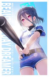 Rule 34 | &lt;key&gt; (blue archive), 1girl, absurdres, alternate costume, alternate hairstyle, baseball bat, baseball uniform, belt, black belt, black hair, blue archive, blue halo, blue shorts, blue sleeves, blush, breasts, closed mouth, cowboy shot, hair between eyes, halo, hand on own hip, highres, holding, holding baseball bat, looking at viewer, one side up, red eyes, revision, shirt, short hair, short shorts, short sleeves, shorts, small breasts, solo, sportswear, rectangular halo, supersugar, white shirt