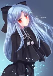 Rule 34 | 1girl, black bow, black capelet, black dress, blue background, blue hair, blush, bow, capelet, closed mouth, dress, expressionless, hair bow, highres, len (tsukihime), long hair, looking at viewer, neck ribbon, pointy ears, pom pom (clothes), red eyes, ribbon, solo, tanaji, tsukihime, twitter username, white ribbon