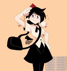 Rule 34 | 1girl, bag, bird wings, black bag, black hair, black pantyhose, black skirt, black wings, closed mouth, collared shirt, commentary, cowboy shot, detached wings, english commentary, flapping, gloves, hand on own hip, hat, highres, kappce, looking at viewer, medium bangs, orange background, pantyhose, pointy ears, pom pom (clothes), red eyes, red hat, salute, shameimaru aya, shirt, short hair, short sleeves, simple background, skirt, smile, solo, sparkle, swept bangs, tokin hat, touhou, white gloves, white shirt, wikipedia, wings