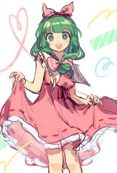 Rule 34 | 1girl, bare shoulders, bow, dress, front ponytail, green eyes, green hair, hair bow, hair ribbon, highres, kagiyama hina, lifted by self, looking at viewer, open mouth, red bow, red dress, red ribbon, ribbon, sketch, solo, touhou, twitter username, yadoyuki