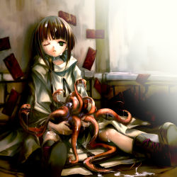 Rule 34 | 00s, 1girl, 2009, blunt bangs, boots, brown hair, cape, cum, cum on hair, expressionless, full body, green eyes, highres, hitomaru, indoors, monster, one-eyed, open mouth, original, room, scar, sitting, solo, spread legs, tentacles