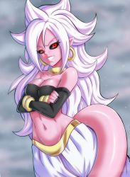 Rule 34 | &gt;:d, 1girl, :d, ahoge, android 21, baggy pants, bandeau, black nails, black sclera, bracelet, breasts, cleavage, colored sclera, colored skin, crossed arms, dragon ball, dragon ball fighterz, earrings, harem pants, highres, hoop earrings, jewelry, lewdamone, long hair, looking at viewer, majin android 21, medium breasts, nail polish, navel, open mouth, pants, pink skin, pointy ears, red eyes, smile, solo, strapless, tail, tube top, v-shaped eyebrows, very long hair, white hair