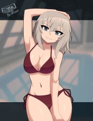 1girl absurdres arm_behind_head artist_name bikini blue_eyes blurry blurry_background breasts cleavage closed_mouth commentary cowboy_shot english_commentary girls_und_panzer grey_hair highres itsumi_erika julian_belkan large_breasts letterboxed looking_at_viewer medium_hair navel red_bikini rei_no_pool side-tie_bikini_bottom smile solo standing swimsuit