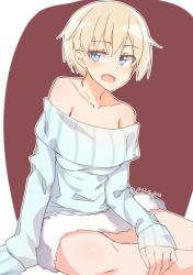 Rule 34 | 1girl, aqua dress, bare shoulders, blonde hair, blue eyes, blush, brave witches, brown background, collarbone, dress, feet out of frame, fur trim, hand on own leg, long sleeves, looking to the side, maroon background, nikka edvardine katajainen, off shoulder, open mouth, short hair, simple background, sitting, smile, solo, tilt-shift (azalanz), twitter username, world witches series