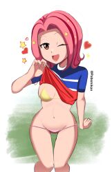 Rule 34 | bikini, brown eyes, clothes lift, digimon, digimon adventure 02, heart, lifting own clothes, one breast out, one eye closed, pabsmikan, pink hair, shirt lift, star (symbol), swimsuit, tachikawa mimi, wink