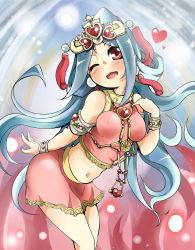 Rule 34 | 1girl, armlet, bare shoulders, blue hair, bracelet, breasts, earrings, female focus, gradient background, headdress, heart, jewelry, lakshmi (lord of vermilion), long hair, lord of vermilion, midriff, navel, necklace, one eye closed, open mouth, red eyes, shi ecchi, skirt, solo, wink