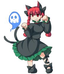 Rule 34 | 1girl, :3, animal ears, bad proportions, black dress, blue fire, bow, braid, cat ears, cat tail, dress, extra ears, fire, flaming skull, floating skull, fun bo, hair bow, kaenbyou rin, leg ribbon, long hair, long sleeves, marisa to alice no cookie storia, multiple tails, nekomata, paw pose, red eyes, red hair, ribbon, solo, spirit, tail, touhou, twin braids