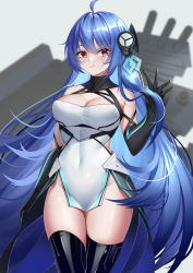 Rule 34 | 1girl, absurdres, ahoge, azur lane, bare shoulders, black gloves, blue hair, breasts, chinese commentary, cleavage, closed mouth, clothing cutout, collarbone, commentary request, covered navel, cowboy shot, dress, gloves, groin, hair between eyes, hair ornament, hand up, helena (azur lane), helena (meta) (azur lane), highres, large breasts, long hair, looking at viewer, partial commentary, red eyes, rigging, searchlight, side cutout, sidelocks, simple background, skindentation, sleeveless, sleeveless dress, solo, standing, thighhighs, very long hair, waist cape, white background, white dress, xi (377684317)