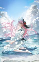 Rule 34 | 1girl, absurdres, alternate costume, barefoot, beach, black hat, cloud, cloudy sky, dutch angle, hat, highres, hololive, hololive english, long hair, mori calliope, ocean, pink hair, quasarcake, red eyes, sky, solo, sun hat, virtual youtuber