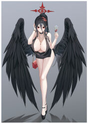 Rule 34 | 1girl, arm up, bag, bare legs, black choker, black dress, black footwear, black hair, black wings, blue archive, border, bracelet, breasts, choker, cleavage, cup, downblouse, dress, drinking glass, feathered wings, flower, full body, hair between eyes, hair flower, hair ornament, halo, halter dress, halterneck, hasumi (blue archive), highres, holding, holding cup, huge breasts, jewelry, leaning forward, lichiko, long hair, looking at viewer, necklace, no bra, parted lips, ponytail, red eyes, revision, short dress, shoulder bag, simple background, sleeveless, sleeveless dress, solo, very long hair, wings