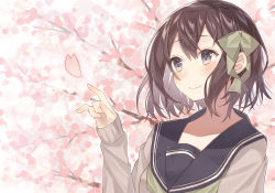 Rule 34 | 1girl, black hair, blue eyes, blush, cherry blossoms, closed mouth, collarbone, day, hair between eyes, hands up, highres, light smile, looking to the side, nagitoki, original, outdoors, petals, school uniform, serafuku, sleeves past wrists, smile, solo, uniform, upper body