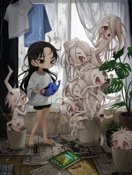 Rule 34 | 2boys, 6+girls, ahoge, artist name, bare legs, barefoot, black hair, black shorts, body horror, book, closed eyes, colored skin, conjoined, curtain grab, curtains, day, drying, drying clothes, full body, hair between eyes, hair over one eye, highres, holding, holding watering can, indoors, ishida umi, long hair, looking at another, monstera deliciosa, multiple boys, multiple girls, newspaper, nose bubble, open mouth, original, oversized clothes, oversized shirt, plant, potted plant, red eyes, shirt, shirt grab, short shorts, short sleeves, shorts, sleeping, smile, standing, t-shirt, teeth, trowel, watering can, watermark, white hair, white shirt, white skin, window