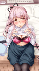 Rule 34 | 1girl, bag, black legwear, black ribbon, blush, bra, breasts, brown eyes, cleavage, clothes lift, condom, condom wrapper, green skirt, hair flaps, hair ribbon, handbag, highres, jewelry, kantai collection, lifting own clothes, long hair, looking at viewer, medium breasts, midriff, navel, official alternate costume, on bed, open bag, pillow, pink hair, ponytail, purple bra, ribbon, ring, sex toy, sitting, skirt, smile, solo, sweater, sweater lift, tsukineko, underwear, very long hair, vibrator, wedding band, white sweater, yura (kancolle)