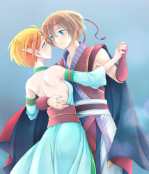 Rule 34 | 1boy, 1girl, absurdres, alternate costume, backless dress, backless outfit, bare shoulders, black cape, blue dress, blue eyes, blue sleeves, breasts, brown hair, cape, commentary request, cosplay, couple, dancing, detached sleeves, dress, elf, eye contact, fingerless gloves, gensou suikoden, gensou suikoden iv, gloves, green eyes, green headband, ham pon, headband, hetero, highres, holding hands, lazlo (gensou suikoden), looking at another, orange hair, paula (suikoden), pointy ears, queen of obel, queen of obel (cosplay), red cape, red gloves, red headband, sideboob, sleeveless, sleeveless dress, two-tone cape