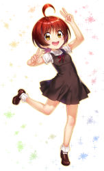 Rule 34 | 1girl, :d, ahoge, bobby socks, brown dress, brown footwear, chunithm, commentary request, double v, dress, full body, hisasi, irodorimidori, looking at viewer, open mouth, puffy short sleeves, puffy sleeves, red eyes, shoes, short hair, short sleeves, simple background, smile, socks, solo, tsukisuzu nachi, v, yellow eyes