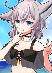 Rule 34 | 1girl, absurdres, animal ears, arknights, bare shoulders, bikini, black bikini, blue eyes, blue sky, closed mouth, cloud, collarbone, commentary, day, double v, fox ears, grey hair, hair between eyes, hands up, highres, horizon, looking at viewer, ocean, outdoors, see-through, sky, solo, sussurro (arknights), sussurro (summer flower) (arknights), swimsuit, upper body, v, v over mouth, water, yokuto