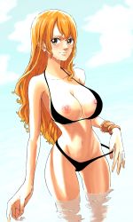 Rule 34 | 1girl, absurdres, bikini, breasts, cleavage, curvy, highres, huge breasts, large breasts, long hair, low twintails, nami (one piece), one piece, one piece heart of gold, orange hair, sherumaru (korcht06), smile, swimsuit, twintails