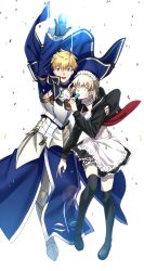 Rule 34 | 1boy, 1girl, :d, apron, arm up, armor, arthur pendragon (fate), artoria pendragon (alter swimsuit rider) (fate), artoria pendragon (alter swimsuit rider) (second ascension) (fate), artoria pendragon (fate), black gloves, black jacket, black skirt, black thighhighs, blonde hair, chietori, fate/grand order, fate (series), faulds, frilled apron, frilled skirt, frills, garter straps, gloves, green eyes, groin, hand on another&#039;s shoulder, highres, hood, hood down, hooded jacket, jacket, long sleeves, looking at viewer, maid headdress, midriff, miniskirt, open clothes, open jacket, open mouth, short hair, silver hair, simple background, skirt, smile, stomach, thighhighs, waist apron, white apron, white background, yellow eyes, zettai ryouiki