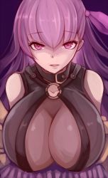 Rule 34 | 10s, 1girl, bare shoulders, breasts, fate/extra, fate/extra ccc, fate/grand order, fate (series), hair ribbon, highres, huge breasts, long hair, looking at viewer, o-ring, o-ring top, parted lips, passionlip (fate), purple eyes, purple hair, purple ribbon, ribbon, skin tight, smile, solo, upper body, yuzu (masami)