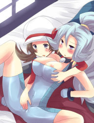 Rule 34 | 2girls, :o, artist request, bare arms, bare shoulders, bed, blue eyes, blue hair, blush, breasts, brown hair, cape, choker, clair (pokemon), creatures (company), fingering, game freak, gem, gloves, grabbing, grabbing another&#039;s breast, grey eyes, gym leader, hair ornament, hat, high ponytail, large breasts, latex, long hair, lyra (pokemon), multiple girls, nintendo, nipples, on bed, open mouth, pearl (gemstone), pokemon, pokemon hgss, ponytail, skin tight, smile, spread legs, through clothes, twintails, yuri