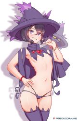 Rule 34 | 1girl, ahnei, areola slip, bead bracelet, beads, bikini, bracelet, breasts, cameltoe, cape, colored sclera, contrapposto, creatures (company), game freak, gem, gen 4 pokemon, grin, hair between eyes, hand on own hip, hat, highres, index finger raised, jewelry, layered bikini, looking at viewer, micro panties, mismagius, multi-strapped bikini, navel, nintendo, no bra, panties, patreon username, personification, pokemon, pokemon (creature), purple cape, purple eyes, purple hair, purple headwear, purple panties, purple thighhighs, red eyes, short hair, shrug (clothing), small breasts, smile, stomach, string panties, swimsuit, thighhighs, turtleneck, underwear, witch, witch hat, yellow sclera