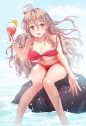 Rule 34 | 1girl, bikini, blush, breasts, brown eyes, cloud, cup, day, food, fruit, glass, green hair, hair between eyes, hat, holding, holding cup, kantai collection, kasumi (skchkko), large breasts, lemon, lemon slice, long hair, mini hat, open mouth, outdoors, pola (kancolle), rock, sitting, sky, solo, swimsuit, untied bikini, water