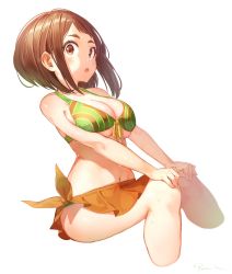 Rule 34 | 10s, 1girl, :o, bad id, bad twitter id, bare arms, bare shoulders, bikini, blush, boku no hero academia, breasts, brown bikini, brown eyes, brown hair, cleavage, collarbone, cropped legs, fingernails, front-tie bikini top, front-tie top, green bikini, hands on own knees, highres, large breasts, looking at viewer, medium hair, multicolored bikini, multicolored clothes, navel, open mouth, ribbon, ryota (ry o ta), sarong, shade, shiny skin, sidelocks, sideways glance, signature, simple background, sitting, solo, stomach, sweat, swept bangs, swimsuit, teeth, upper teeth only, uraraka ochako, white background, yellow ribbon