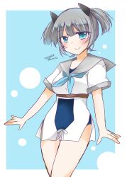 Rule 34 | 1girl, aqua neckerchief, blue background, blue eyes, blue one-piece swimsuit, dated, grey hair, grey sailor collar, headgear, highres, i-36 (kancolle), inscco, kantai collection, looking at viewer, neckerchief, old school swimsuit, one-piece swimsuit, sailor collar, sailor shirt, school swimsuit, shirt, short hair, short sleeves, signature, solo, swimsuit, swimsuit under clothes, twintails, white background