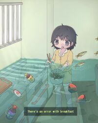 Rule 34 | 1girl, ahoge, bare legs, barefoot, black eyes, blazer, bottle, chopsticks, commentary, cooking pot, counter, cutting board, day, dot nose, english text, fang, fish, flood, flying fish, highres, holding, holding chopsticks, holding cooking pot, indoors, jacket, kitchen, light rays, long sleeves, magu913, open mouth, original, partially submerged, ripples, short hair, shorts, sidelocks, solo, standing, stove, symbol-only commentary, window, wooden floor, yellow jacket, yellow shorts