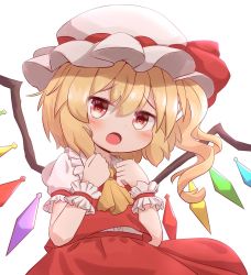 Rule 34 | 1girl, ascot, blonde hair, blush, bow, coruthi, cowboy shot, crystal, flandre scarlet, frilled shirt collar, frilled sleeves, frills, hair between eyes, hat, heart, heart-shaped pupils, highres, looking at viewer, medium hair, mob cap, one side up, open mouth, puffy short sleeves, puffy sleeves, red bow, red eyes, red skirt, red vest, shirt, short sleeves, skirt, solo, symbol-shaped pupils, touhou, vest, white background, white shirt, wings, wrist cuffs, yellow ascot
