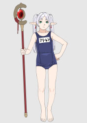 Rule 34 | 1girl, barefoot, blue one-piece swimsuit, dangle earrings, drop earrings, earrings, elf, flat chest, frieren, full body, green eyes, grey background, hand on own hip, highres, jewelry, long hair, mage staff, name tag, ojipon, old school swimsuit, one-piece swimsuit, pointy ears, school swimsuit, simple background, solo, sousou no frieren, staff, standing, swimsuit, twintails, white hair