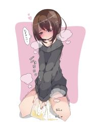Rule 34 | 1girl, amaoto (mizutamariaka), black sweater, blush, bottle, bottomless, breath, brown eyes, brown hair, collarbone, full body, heart, highres, holding, kneeling, long sleeves, looking down, original, peeing, peeing in bottle, pink background, puddle, purple background, short hair, simple background, sleeves past wrists, steam, sweat, sweater, thinking, thought bubble, trembling, two-tone background, white background