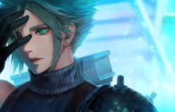 Rule 34 | 1boy, aqua eyes, armor, asymmetrical hair, black gloves, blonde hair, blue shirt, buster sword, cloud strife, crying, earrings, final fantasy, final fantasy vii, forgotten city, gloves, halu-ca, hand on own face, highres, jewelry, parted lips, shirt, shoulder armor, single earring, sleeveless, sleeveless turtleneck, solo, spiked hair, suspenders, tears, turtleneck, upper body, weapon, weapon on back