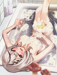 Rule 34 | 1girl, absurdres, ars rg0412, bath, bathtub, black hair, blush, breasts, bubble, cleavage, fang, grey hair, highres, hololive, large breasts, looking at viewer, medium hair, multicolored hair, nude, open mouth, red eyes, rubber duck, sakamata chloe, solo, streaked hair, upside-down, virtual youtuber