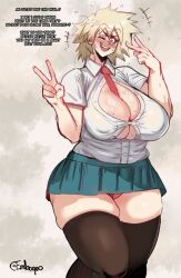 Rule 34 | 1girl, bakugou mitsuki, blush, boku no hero academia, breasts, cleavage, curvy, emboquo, english text, highres, huge breasts, miniskirt, one eye closed, panties, plump, school uniform, skirt, solo, sweat, thick thighs, thighhighs, thighs, underwear, v