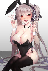 Rule 34 | 1girl, animal ears, azur lane, black leotard, black thighhighs, blunt bangs, blush, bow, breasts, chaum, cleavage, covered navel, formidable (azur lane), hair bow, highleg, highleg leotard, highres, large breasts, leotard, light brown hair, long hair, looking at viewer, open mouth, playboy bunny, rabbit ears, red eyes, sitting, solo, strapless, strapless leotard, thighhighs, twintails, v