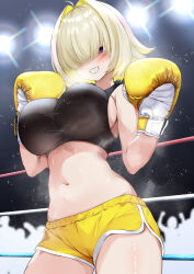 Rule 34 | 1girl, absurdres, ahoge, alternate costume, black sports bra, blonde hair, boxing, boxing gloves, boxing ring, breasts, chinese commentary, cowboy shot, crowd, dolphin shorts, elegg (nikke), gloves, goddess of victory: nikke, grin, hair intakes, hair over eyes, highres, large breasts, long bangs, looking at viewer, navel, purple eyes, short hair, short shorts, shorts, sideboob, smile, solo, sports bra, stage lights, standing, steaming body, stomach, sweat, xiahou qiulan, yellow gloves, yellow shorts