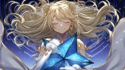 Rule 34 | 1girl, blonde hair, closed eyes, detached sleeves, diamond (shape), double bun, earrings, facial mark, floating hair ornament, gloves, hair bun, hair ornament, highres, holding, holding star, jewelry, kaneko lumi, long hair, mochi ggg, phase connect, second-party source, see-through, sky, solo, star (sky), star (symbol), star facial mark, starry sky, virtual youtuber, white gloves