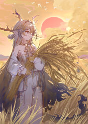Rule 34 | 1girl, absurdres, arknights, bare shoulders, blue eyes, blue hair, chinese commentary, closed mouth, cloud, commentary request, detached sleeves, dragon girl, dragon horns, evening, grey hair, hair between eyes, hair intakes, highres, holding, horns, long hair, long sleeves, outdoors, pants, pointy ears, sao7, shu (arknights), solo, standing, very long hair, white pants