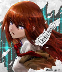 Rule 34 | 1girl, :d, brown hair, character name, collared shirt, copyright name, floating hair, from side, hair between eyes, highres, long hair, makise kurisu, necktie, open mouth, purple eyes, red necktie, shirt, smile, solo, steins;gate, sterben, straight hair, white shirt, wing collar