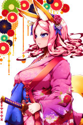 Rule 34 | 1girl, animal ears, blue eyes, blush, breasts, cowboy shot, expressionless, floating hair, floral background, floral print, flower, fox ears, fox tail, from side, hair flower, hair ornament, hair stick, highres, holding, holding sword, holding weapon, japanese clothes, katana, kimono, large breasts, long sleeves, looking afar, original, parted bangs, pink hair, pink kimono, pink lips, pink theme, sheath, sheathed, solo, sparkle, sword, tail, tokyo (great akuta), weapon, white background, wide sleeves