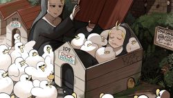 Rule 34 | 3girls, angry, bags under eyes, beak hold, bird, black socks, blonde hair, blue eyes, chicken, chili pepper, closed eyes, clumsy nun (diva), diva (hyxpk), drooling, duck, duckling, flower, food, food on face, habit, hair flower, hair ornament, highres, little nuns (diva), mole, mole on cheek, mouth hold, multiple girls, nose bubble, nun, object on head, plant, poster (object), sign, sleeping, sleepy, socks, strict nun (diva), sweatdrop, torn clothes, torn footwear, traditional nun