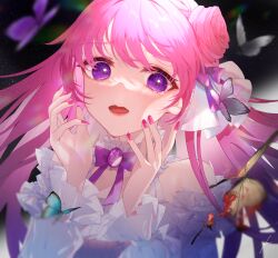 Rule 34 | 1girl, bare shoulders, bug, butterfly, choker, commentary request, detached sleeves, dorothy (nikke), dress, frilled dress, frills, goddess of victory: nikke, hair bun, hair ribbon, highres, insect, long hair, looking at viewer, open mouth, pink hair, purple choker, purple eyes, purple ribbon, ribbon, sidelocks, single side bun, sleeveless, sleeveless dress, solo, swept bangs, tears, upper body, white dress, wind, yuhazu 26