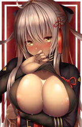 Rule 34 | 1girl, ahoge, areola slip, arm under breasts, black bow, blush, bow, breasts, cleavage, covering own mouth, dark-skinned female, dark skin, fate/grand order, fate (series), hair between eyes, hair bow, hair ornament, high collar, highres, large breasts, long hair, looking at viewer, no bra, okita souji (fate), okita souji alter (fate), solo, sweat, tassel, very long hair, white hair, yellow eyes, zukky