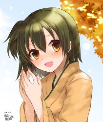Rule 34 | 1girl, autumn leaves, brown hair, commentary request, dated, day, hair between eyes, highres, hiryuu (kancolle), japanese clothes, kantai collection, kimono, looking at viewer, mashiro yukiya, one-hour drawing challenge, one side up, open mouth, orange kimono, outdoors, short hair, smile, solo, tree