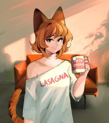 Rule 34 | 1girl, absurdres, animal ears, blouse, blush, breasts, brown hair, cat ears, cat girl, cat tail, closed mouth, clothes writing, coffee mug, collarbone, commentary, couch, cup, english commentary, english text, female focus, garfield, garfield (character), genderswap, genderswap (mtf), green eyes, highres, holding, holding cup, indoors, kumaartsu, looking at viewer, medium breasts, mug, personification, plant, shirt, short hair, small breasts, smile, solo, standing, tail, upper body, white shirt