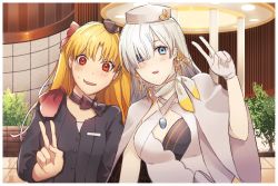Rule 34 | 2girls, anastasia (fate), anastasia (festival outfit) (fate), blonde hair, blue eyes, blush, bow, breasts, capelet, cleavage, earrings, ereshkigal (fate), ereshkigal (festival outfit) (fate), fate/grand order, fate (series), gloves, hat, heroic spirit festival outfit, jewelry, multiple girls, pendant, red eyes, silver hair, twintails, v, white gloves
