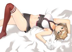 Rule 34 | 10s, 1girl, armpits, black skirt, blush, breasts, collarbone, gloves, green eyes, hair between eyes, halterneck, hand on own head, kantai collection, large breasts, leg lift, looking at viewer, lying, masukuza j, mutsu (kancolle), navel, on bed, pleated skirt, red thighhighs, short hair, single thighhigh, skirt, smile, solo, striped clothes, striped skirt, striped thighhighs, thighhighs, white gloves