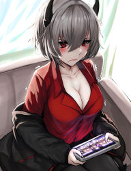 Rule 34 | 1girl, absurdres, black pantyhose, blush, breasts, cleavage, closed mouth, collarbone, commentary, demon girl, from above, grey hair, hair between eyes, handheld game console, helltaker, highres, holding, holding handheld game console, horns, jacket, kb-5, large breasts, long sleeves, malina (helltaker), off-shoulder jacket, off shoulder, pantyhose, red eyes, short hair, sitting, solo, trembling, wavy mouth