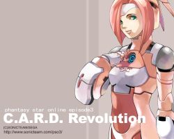 Rule 34 | 1girl, armor, bodysuit, breasts, brooch, copyright name, cowboy shot, english text, gem, green eyes, grey background, hand on own chest, headpiece, hucaseal, jewelry, looking at viewer, official art, orange hair, phantasy star, phantasy star online, sega, simple background, small breasts, smile, solo, two-tone background, watermark, web address